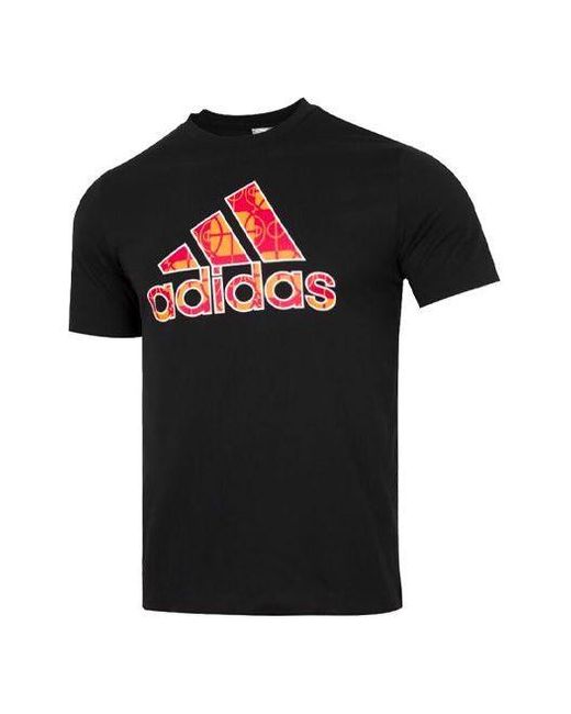 Adidas Black Cny Contrasting Colors Large Logo Pattern Loose Short Sleeve T-Shirt for men