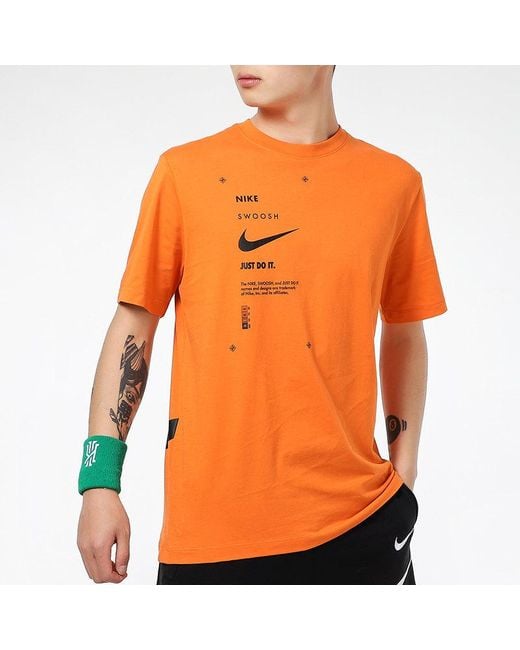 Nike Orange Sportswear Swoosh Club Printing Alphabet Sports Round Neck Short Sleeve for men