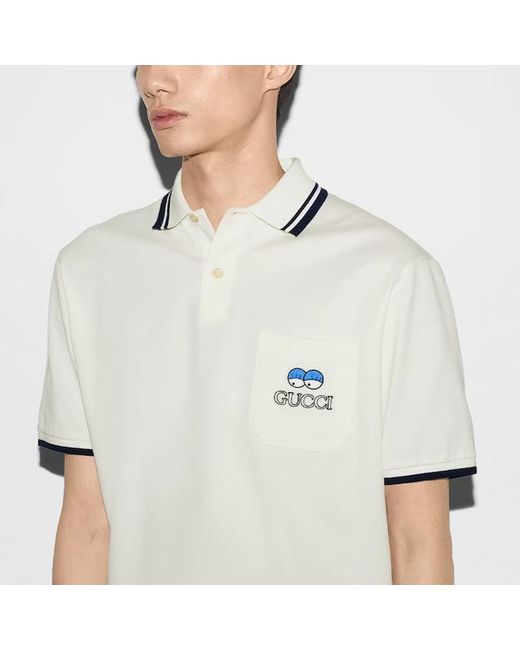Gucci White Cotton Piquet Polo T-Shirt With Embroidery 'Off' for men