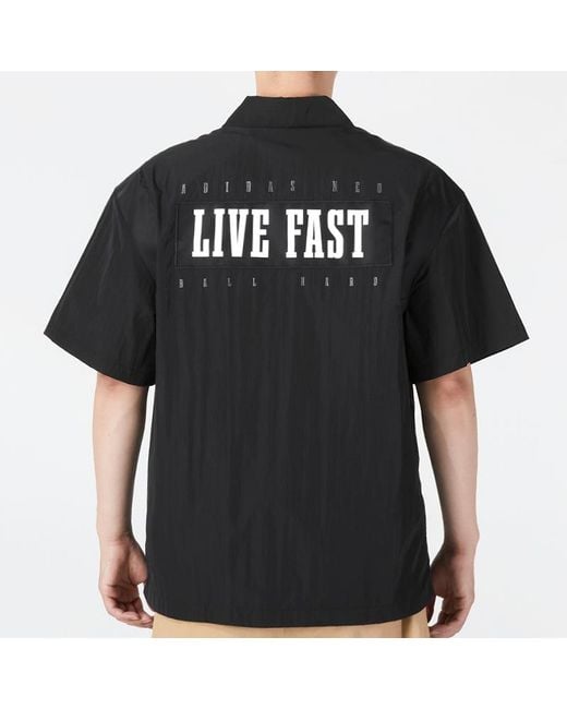 Adidas Black Neo Solid Color Alphabet Logo Printing Athleisure Casual Sports Lapel Short Sleeve Shirt for men