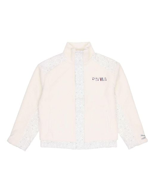PUMA White Paisley Woven Patched Sherpa Jacket Cashew Splicing Lamb's Wool Stay Warm Logo for men