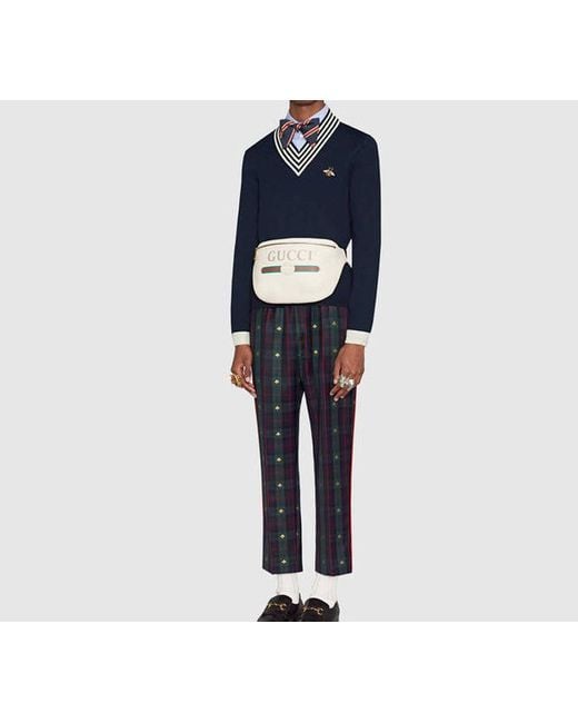 Gucci Blue Bee Pattern V-Neck Wool Sweater for men