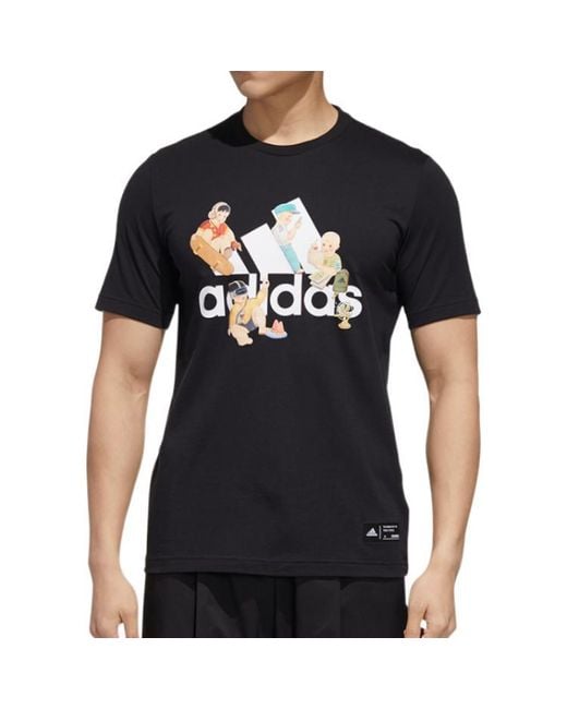 Adidas Black Cartoon Alphabet Logo Printing Round Neck Short Sleeve T-Shirt for men