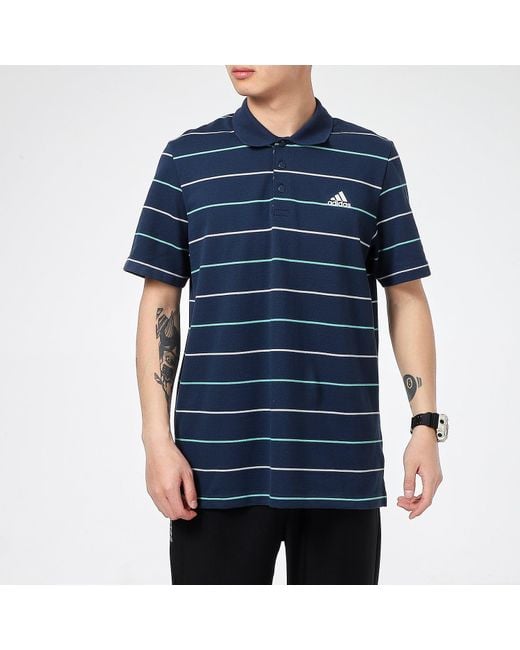 Adidas Blue Striped Logo Print Sports Short Sleeve Polo Shirt for men