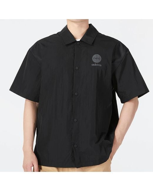 Adidas Black Neo Solid Color Alphabet Logo Printing Athleisure Casual Sports Lapel Short Sleeve Shirt for men