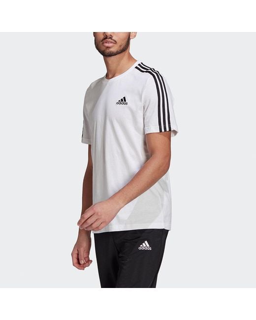 Adidas White M 3S Sj T Sports Training Stripe Round Neck Short Sleeve for men