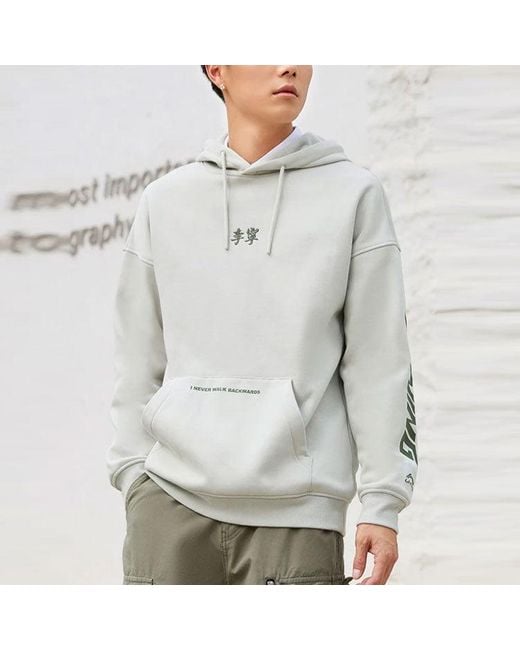 Li-ning Gray Sports Living Series Fleece Lined Stay Warm Loose Pullover Hoodie for men