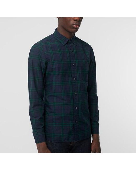 Burberry Blue Plaid Long Sleeves Shirt for men