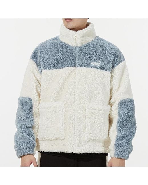 PUMA Blue Color Blocking Sherpa Jacket Contrasting Colors Lamb's Wool Stay Warm Sports Logo Creamy for men