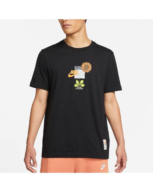 Nike Black Logo Plant Pattern Printing Round Neck Casual Short Sleeve T-Shirt for men