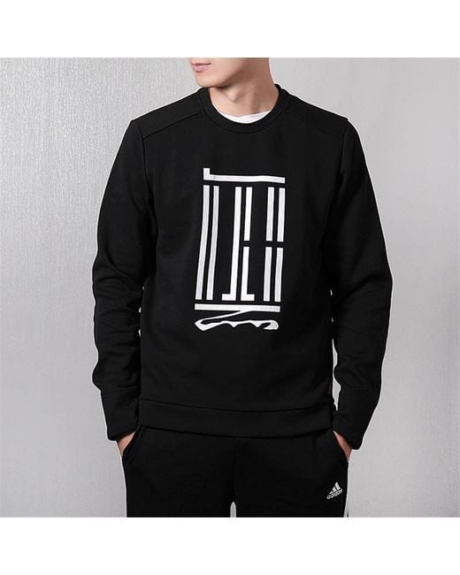 Adidas Black Wj Crew Sroty Printing Pattern Sports Round Neck Pullover for men