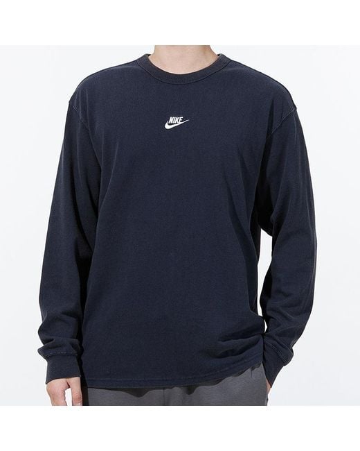 Nike Blue Solid Color Small Logo Round Neck Long Sleeves T-Shirt for men