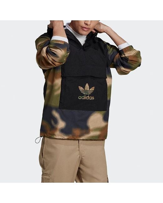 Adidas Black Originals Half Zipper Pullover Hooded Camouflage Printing Jacket for men