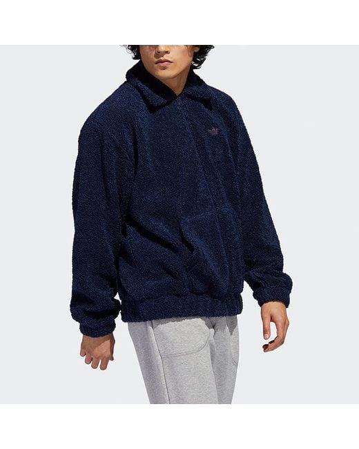 Adidas Blue Originals Embroidered Logo Lapel Lamb's Wool Sports Jacket for men