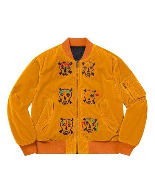 Supreme Orange Clayton Patterson Skulls Velvet Ma-1 Jacket for men