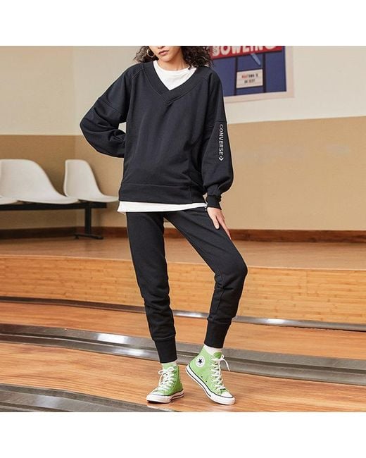 Converse Black (Wmns) Solid Color Loose Knit V Neck Hoodie
