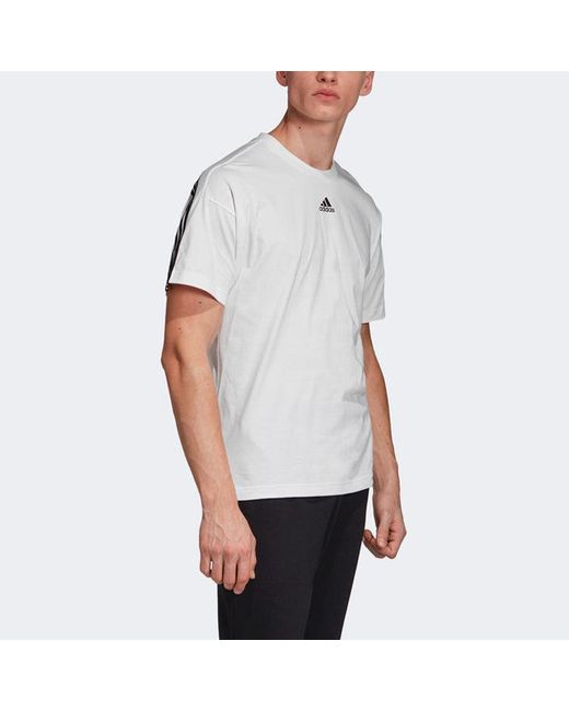 Adidas White M Mh 3S Tee Stripe Sports Round Neck Short Sleeve for men
