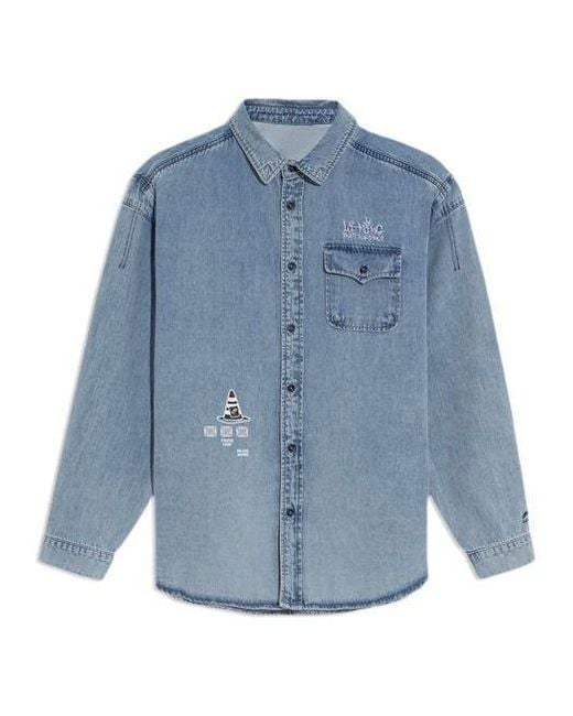 Li-ning Blue Skateboard Series Logo Embroidered Loose Washed Denim Shirt 'Light' for men