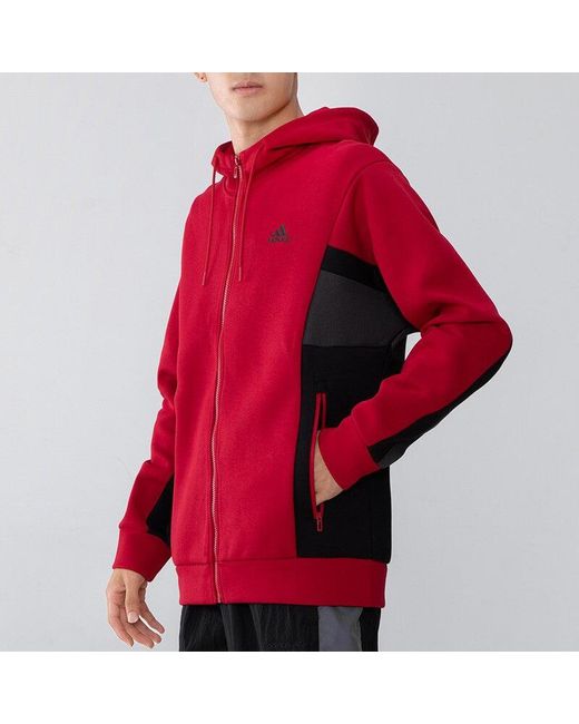 Adidas Red St Kn Spcr Jkt Contrasting Colors Pocket Knit Sports Hooded Logo Jacket for men
