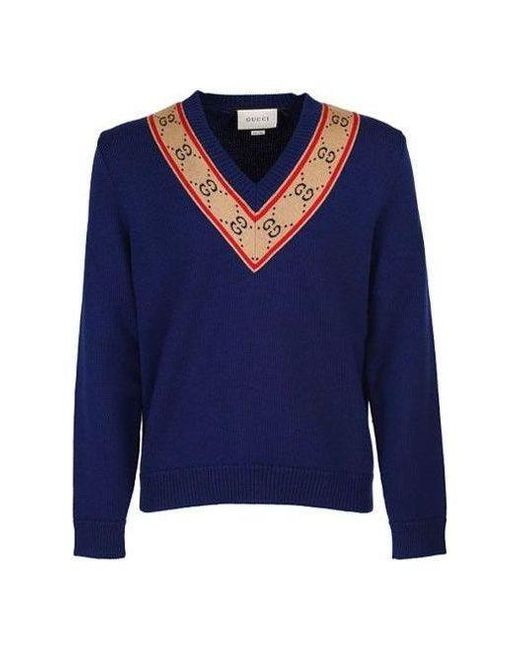 Gucci Blue gg V-neck Wool Sweater
