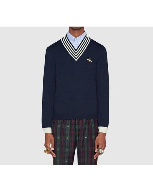 Gucci Blue Bee Pattern V-Neck Wool Sweater for men