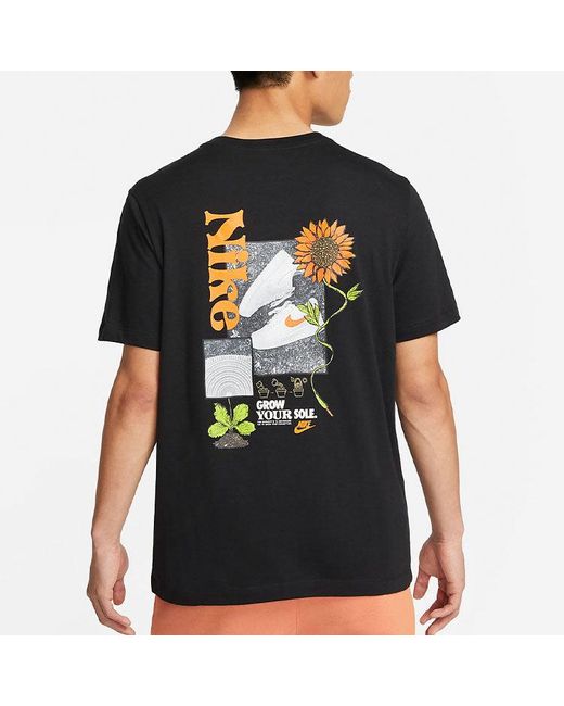 Nike Black Logo Plant Pattern Printing Round Neck Casual Short Sleeve T-Shirt for men