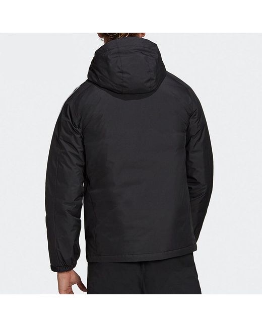 Adidas Black 3St Down Jkt Logo Printing Side Stripe Sports Stay Warm Hooded Down Jacket for men