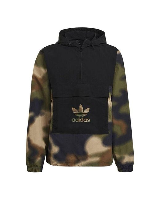 Adidas Black Originals Half Zipper Pullover Hooded Camouflage Printing Jacket for men
