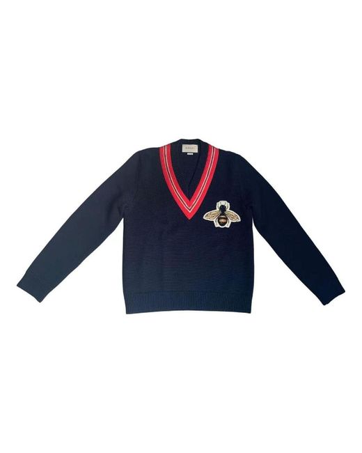 Gucci Blue Wool Sweater With Bee Appliqu for men