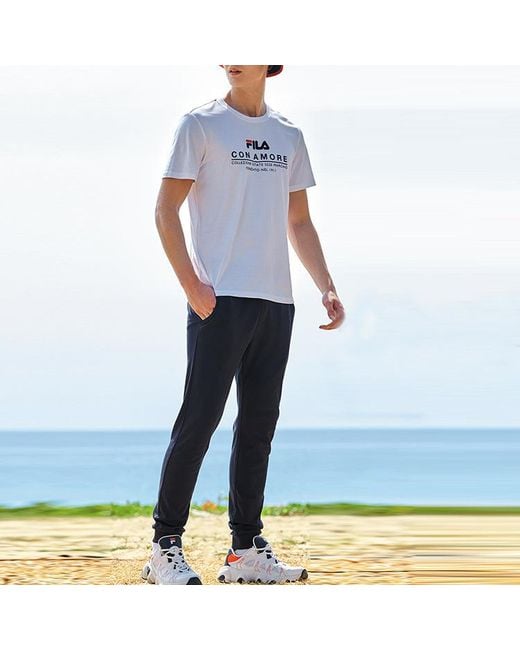 Fila White Logo Letter Print Crewneck Loose Short Sleeve for men