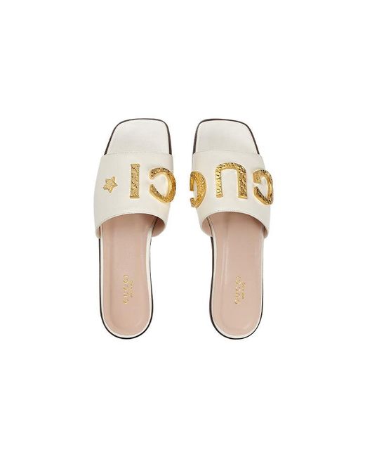 Gucci White (Wmns) Cara Grained Leather Slip-On Sandal 'Off-