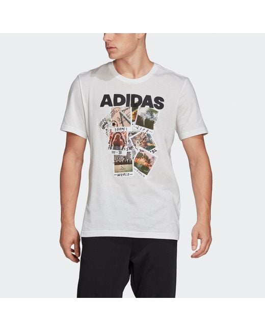 Adidas White Doodle Photos Photo Printing Sports Round Neck Short Sleeve for men