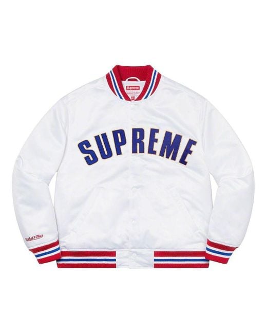Supreme White X Mitchell & Ness Satin Varsity Jacket for men