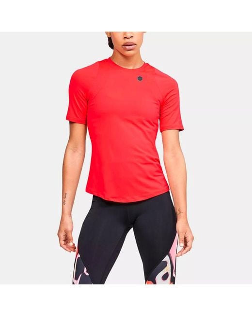 Under Armour Red (Wmns) Rush Training Sports Splicing Breathable Short Sleeve