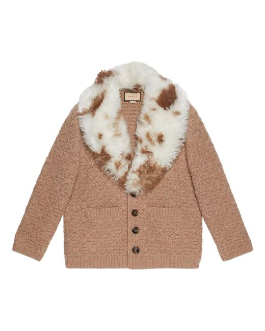 Gucci Natural Wool Knit Coat With Shearling Collar 'Neutrals' for men