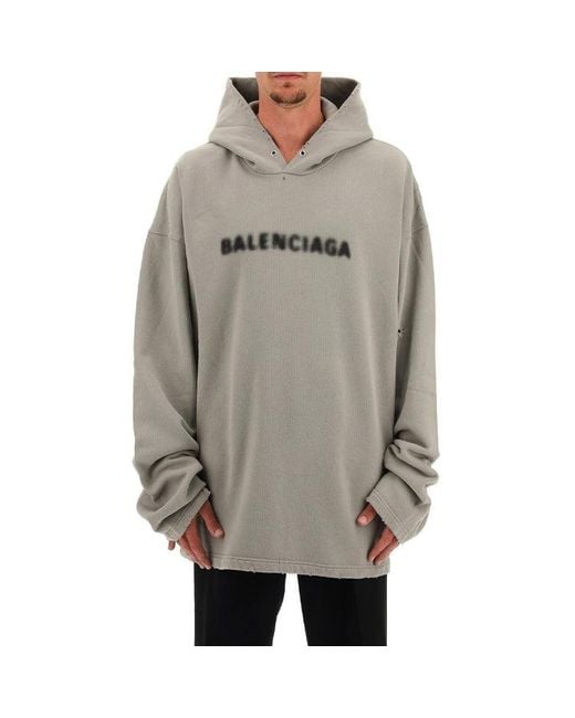 Balenciaga Gray Blurred Logo Distress Hoodie for men