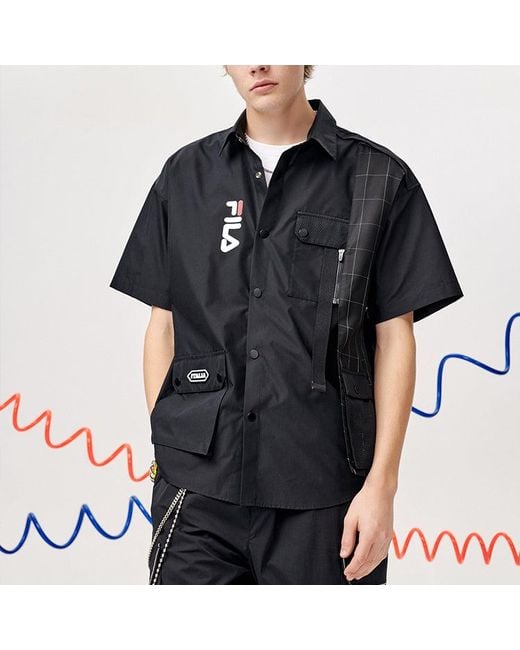 Fila Black Woven Pocket Cargo Short Sleeve Shirt for men