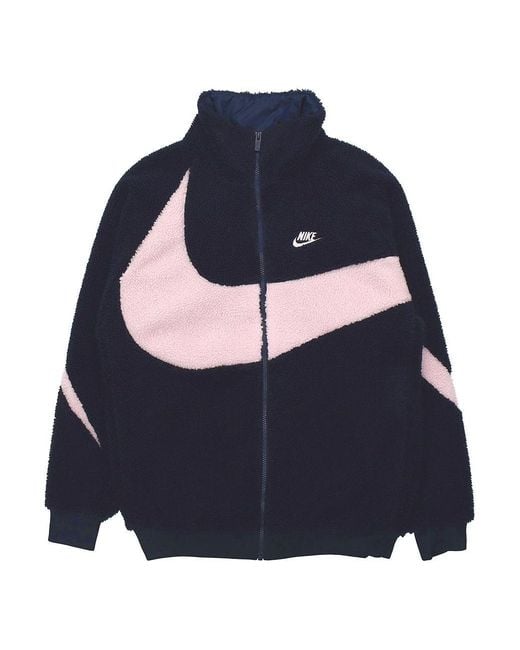 Nike Blue Big Swoosh Large Logo Lamb's Wool Stay Warm Stand Collar Jacket Obsidian Color for men