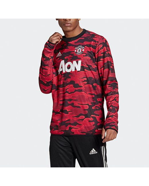 Adidas Red Mufc Pre Wrmtop 20-21 Season Camouflage Manchester United Soccer/Football Training Casual Sports Pullover for men