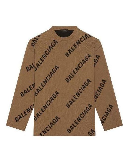Balenciaga Brown All Over Logo Crewneck Wool Knit Sweater 'Light' for men