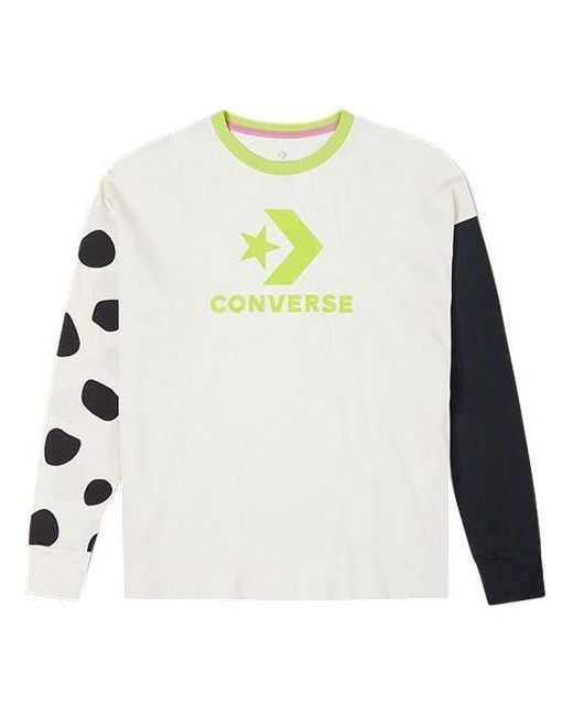 Converse White (Wmns) Large Logo Printing Splicing Contrasting Colors Loose Round Neck Long Sleeves T-Shirt