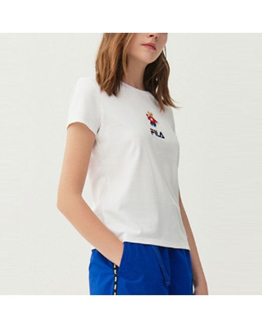 Fila White (Wmns) Bear Pattern Round Neck Pullover Short Sleeve