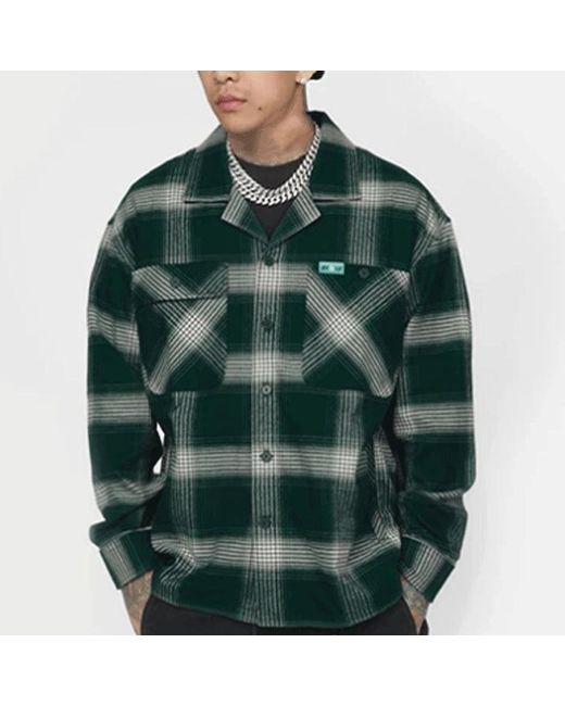 Li-ning Green Badfive Sports Basketball Series Plaid Loose Casual Long Sleeves Shirt 'Dark' for men