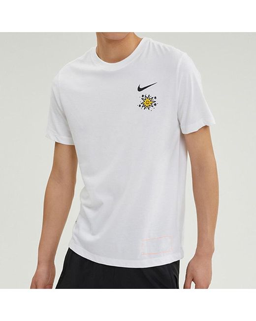 Nike White Cartoon Sun Hand Printing Pattern Alphabet Round Neck Short Sleeve T-Shirt for men