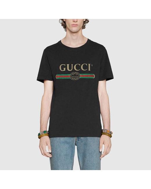 Gucci Black Distressed Fake Logo T Shirt for men