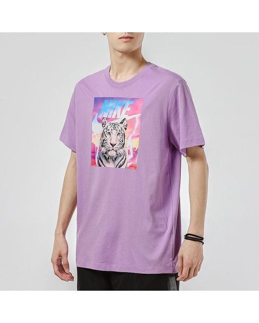 Nike Purple Tiger Pattern Logo Athleisure Casual Sports Short Sleeve T-Shirt for men