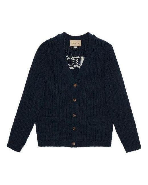 Gucci Blue Knit Wool Cardigan With Intarsia for men