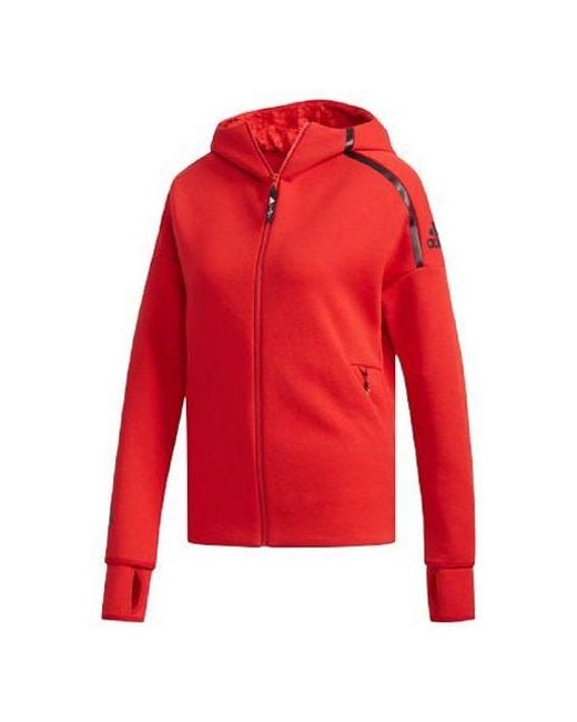 Adidas Red Casual Sports Zipper Hooded Jacket