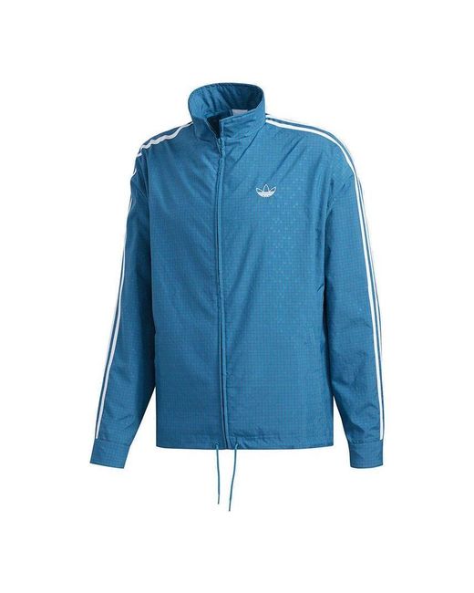 Adidas Blue Originals Grid Wind Plaid Printing Sports Windproof Stand Collar Jacket for men