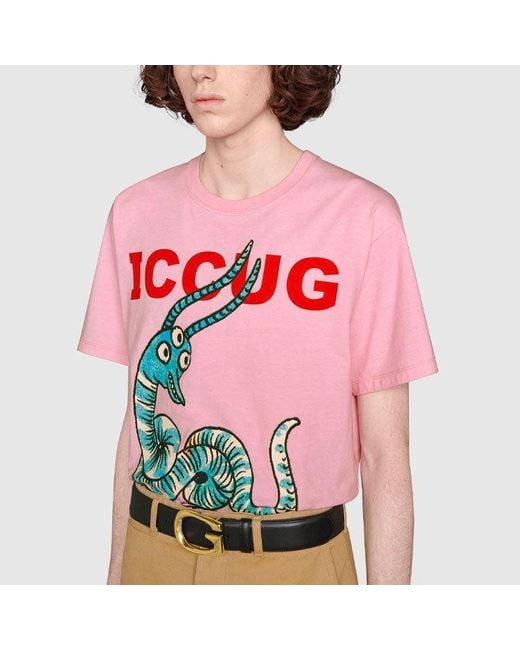 Gucci Pink X Freya Hartas Fw21 Crossover Animal Printing Short Sleeve for men